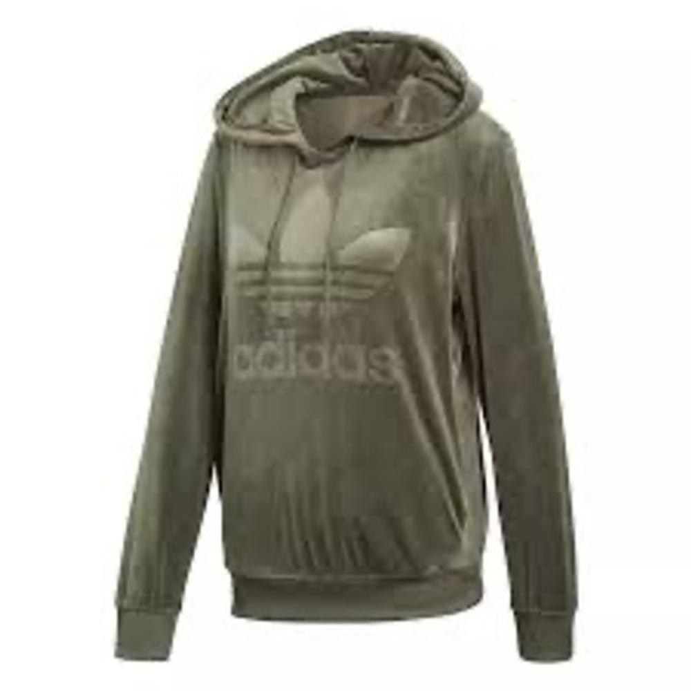 Adidas Originals Women Velour Hoodie Olive Green Trefoil Embossed Pullover M